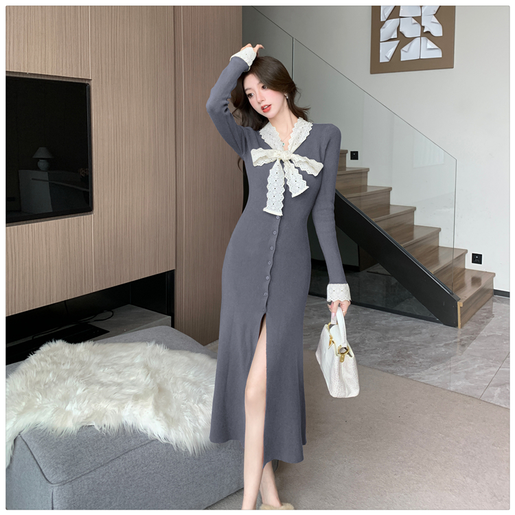 Bow knitted cardigan autumn and winter slim long dress