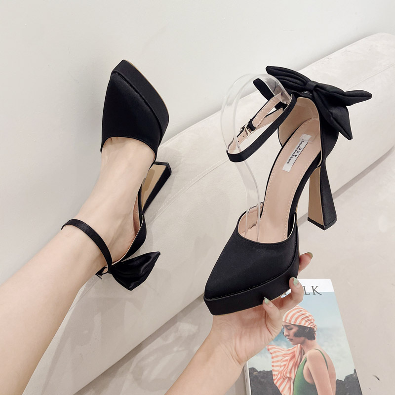 Thick bow platform pointed high-heeled shoes