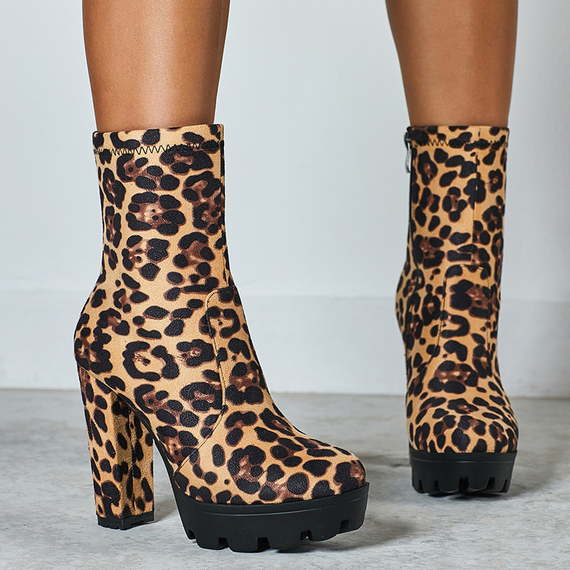 Low cylinder leopard boots thick half Boots for women