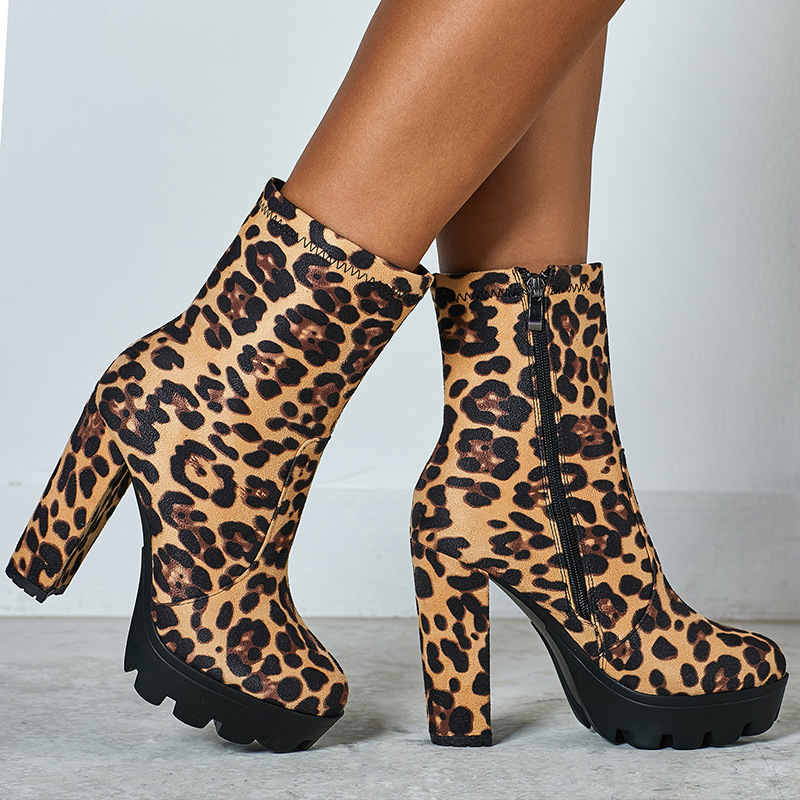 Low cylinder leopard boots thick half Boots for women