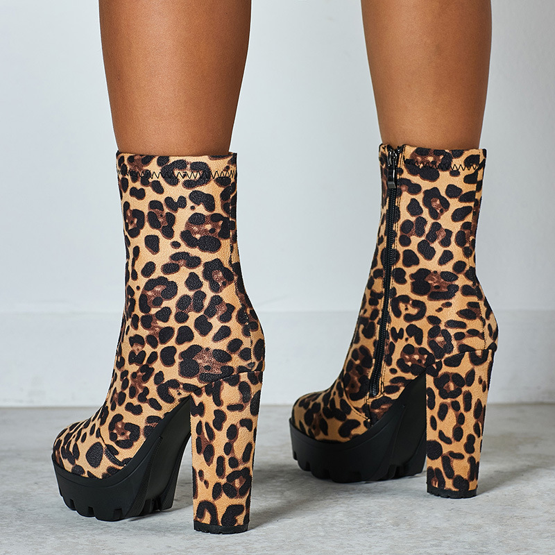 Low cylinder leopard boots thick half Boots for women