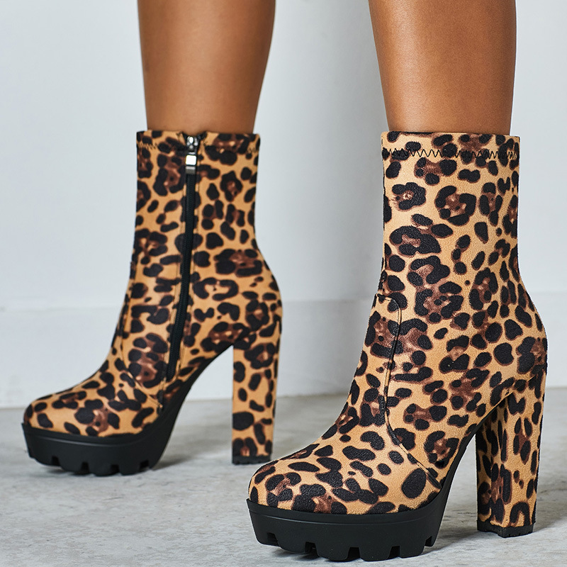 Low cylinder leopard boots thick half Boots for women