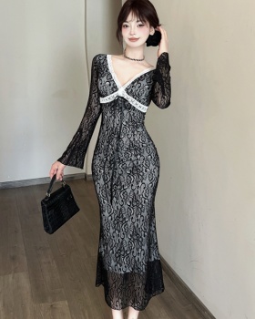 Lace slim long dress package hip France style dress