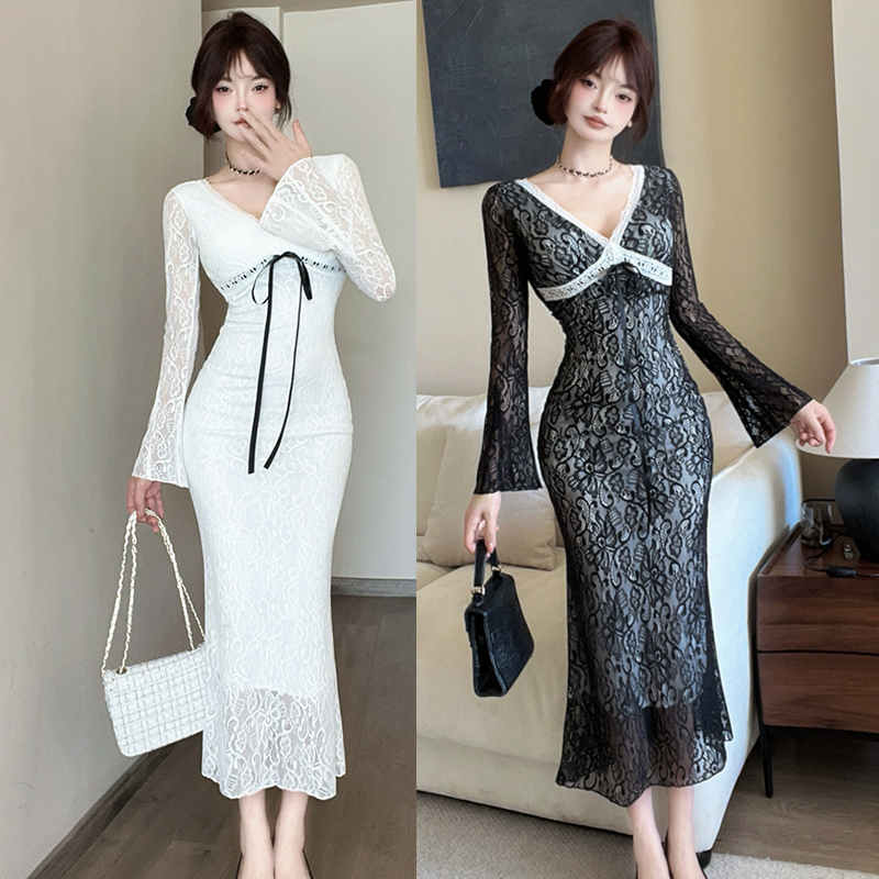 Lace slim long dress package hip France style dress