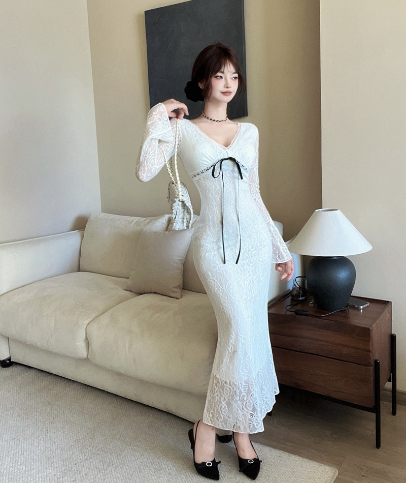 Lace slim long dress package hip France style dress