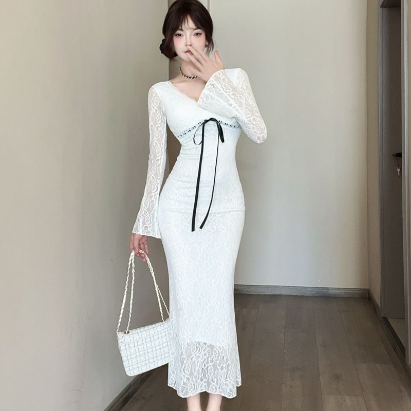 Lace slim long dress package hip France style dress