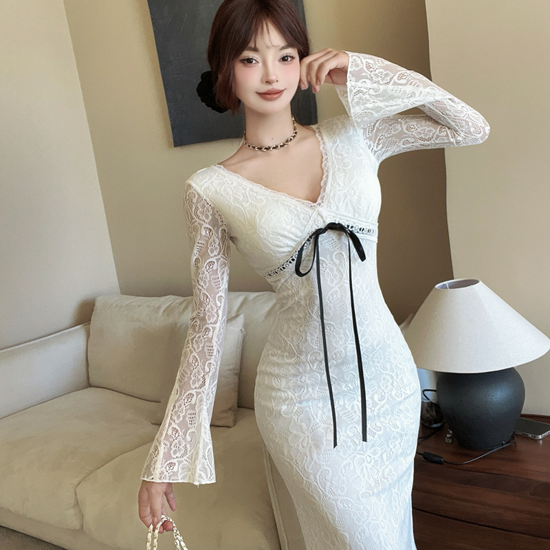 Lace slim long dress package hip France style dress