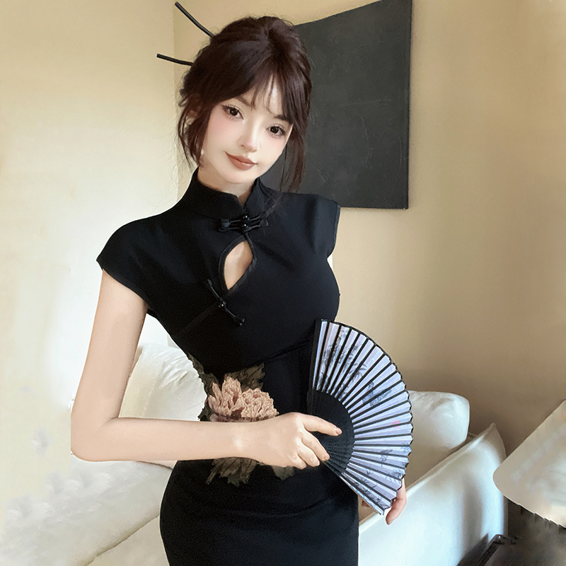 Black formal dress embroidery cheongsam for women