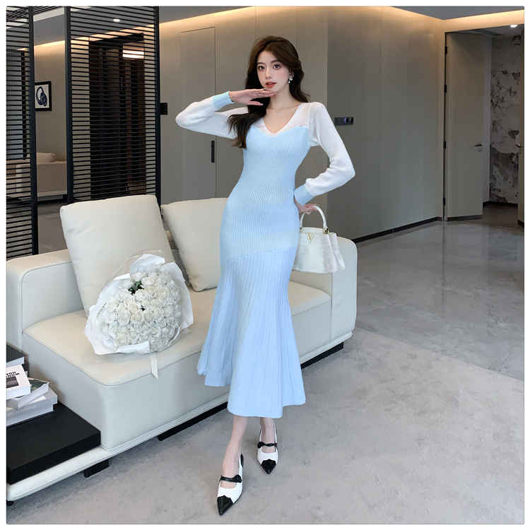 Slim knitted dress pinched waist sweater dress for women