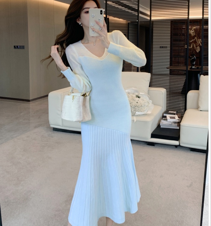 Slim knitted dress pinched waist sweater dress for women