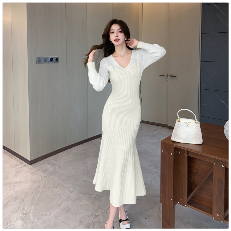 Slim knitted dress pinched waist sweater dress for women