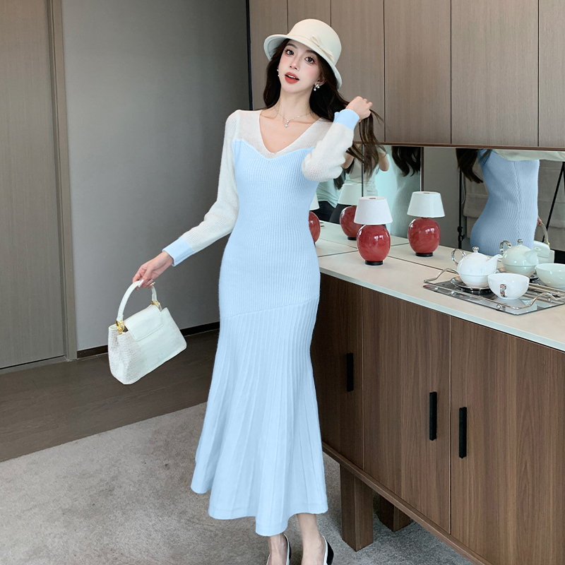 Slim knitted dress pinched waist sweater dress for women