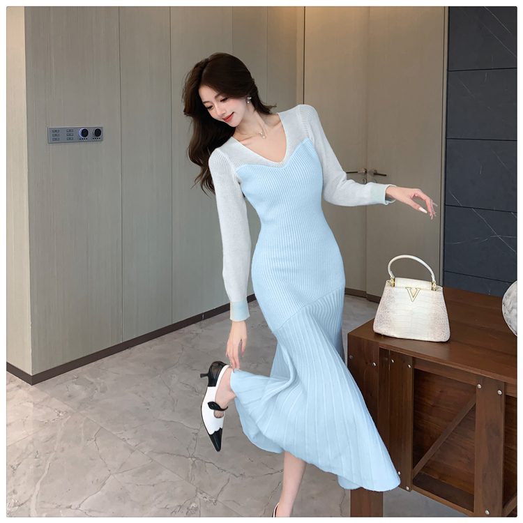 Slim knitted dress pinched waist sweater dress for women