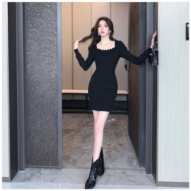 Knitted enticement Korean style square collar black dress