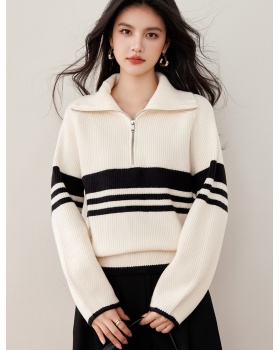 Stripe zip tops winter lapel sweater for women