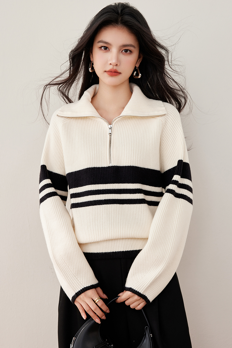 Stripe zip tops winter lapel sweater for women