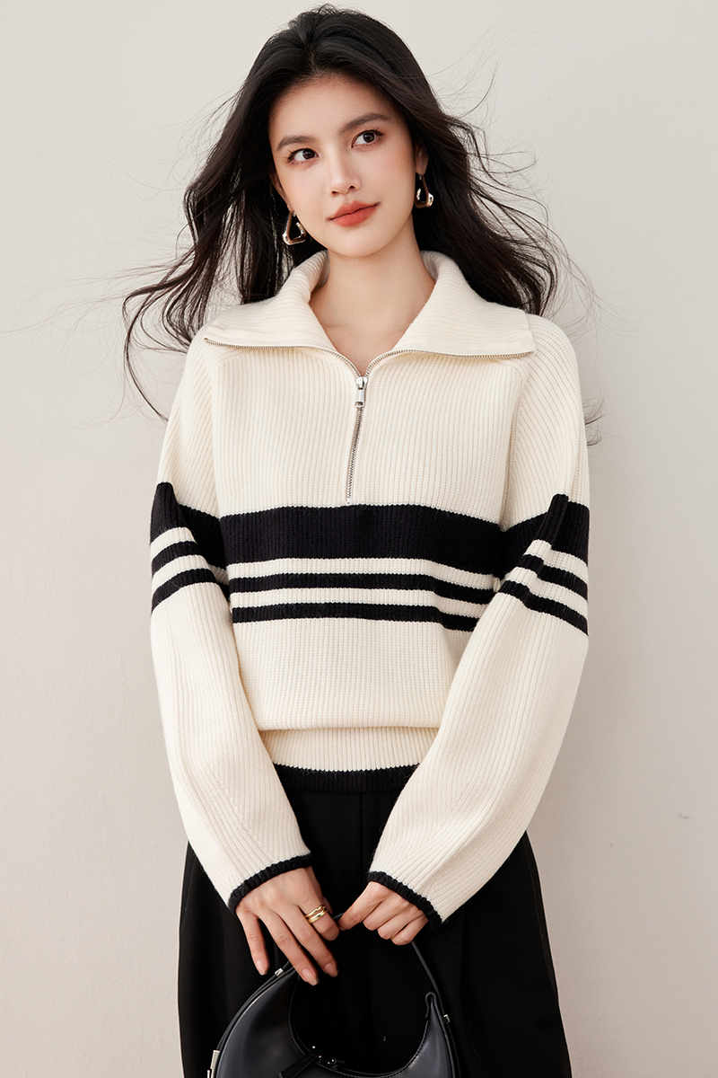 Stripe zip tops winter lapel sweater for women