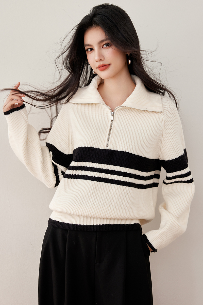 Stripe zip tops winter lapel sweater for women