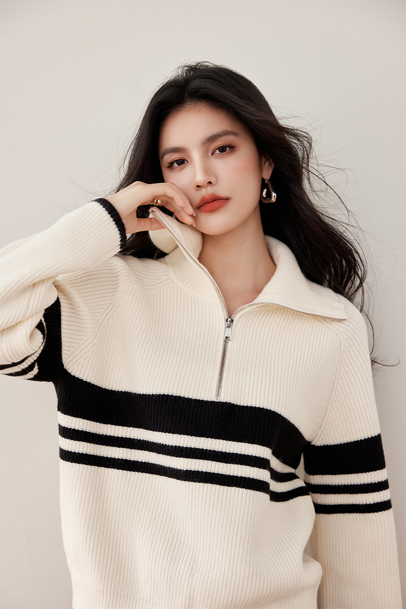 Stripe zip tops winter lapel sweater for women