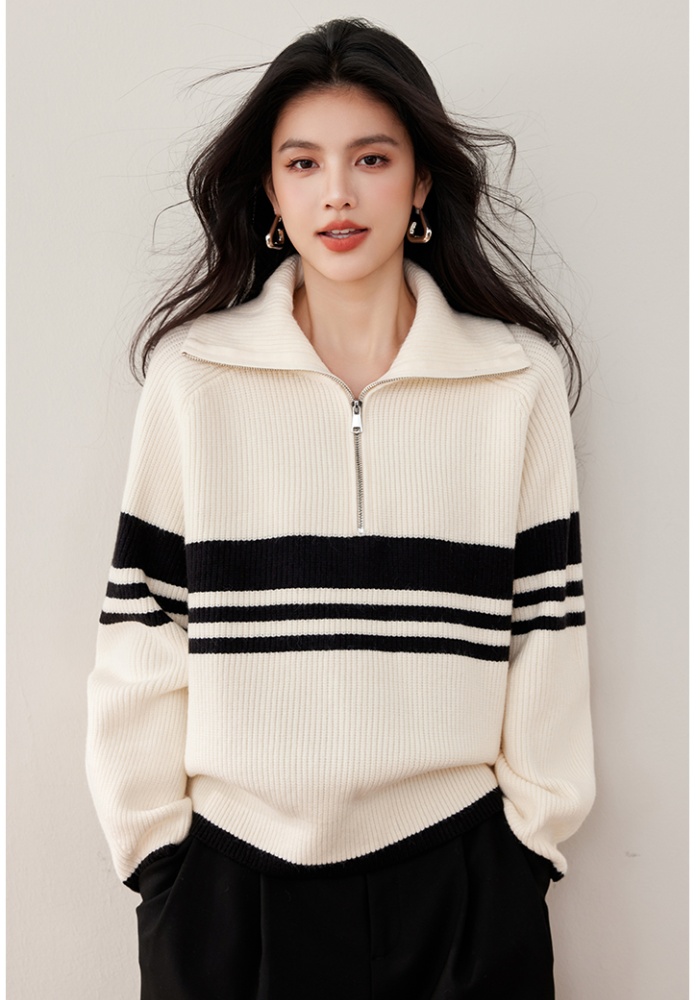 Stripe zip tops winter lapel sweater for women