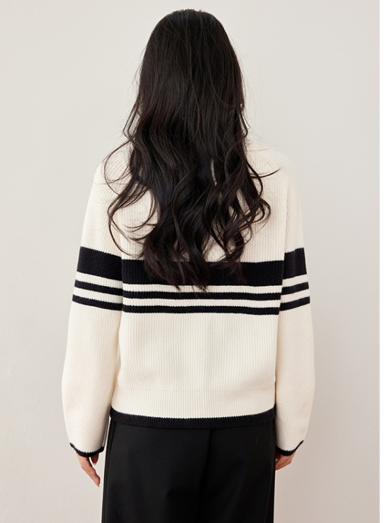 Stripe zip tops winter lapel sweater for women