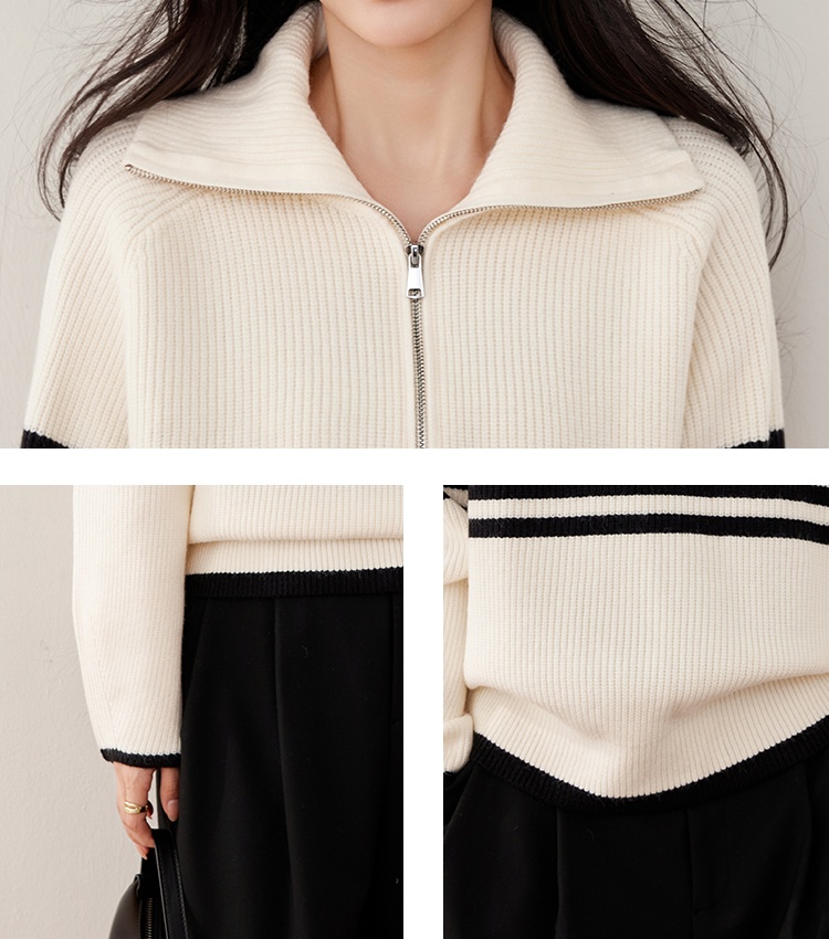 Stripe zip tops winter lapel sweater for women