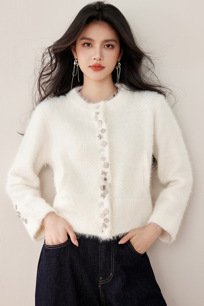 Buckle knitted autumn cardigan beige hairy coat