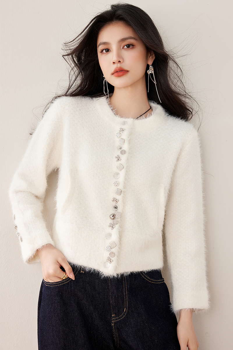 Buckle knitted autumn cardigan beige hairy coat