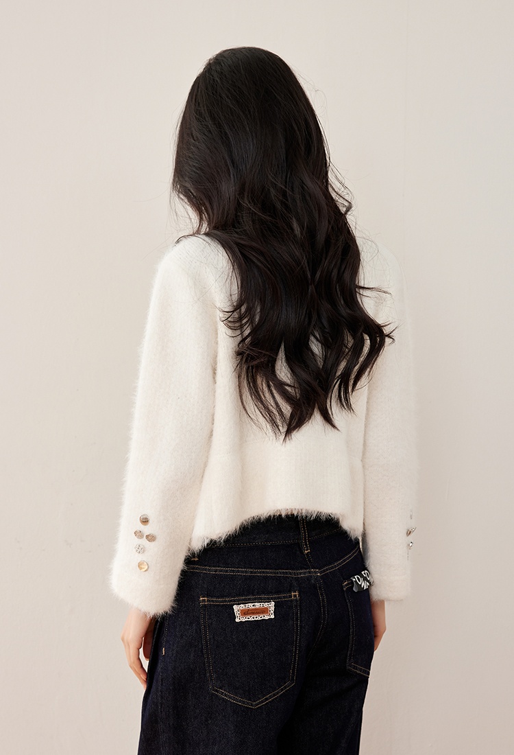 Buckle knitted autumn cardigan beige hairy coat