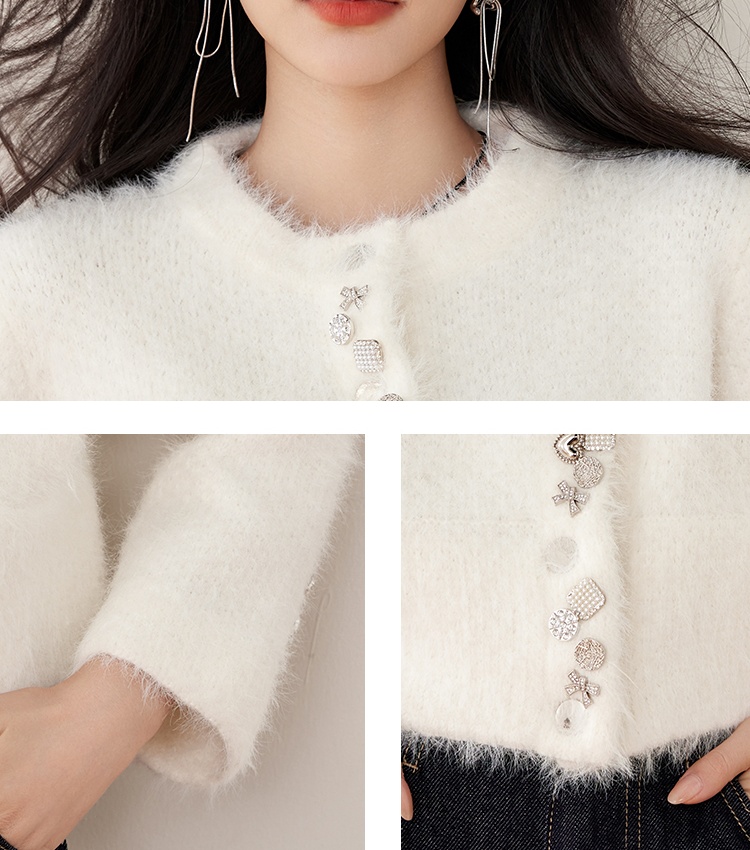 Buckle knitted autumn cardigan beige hairy coat