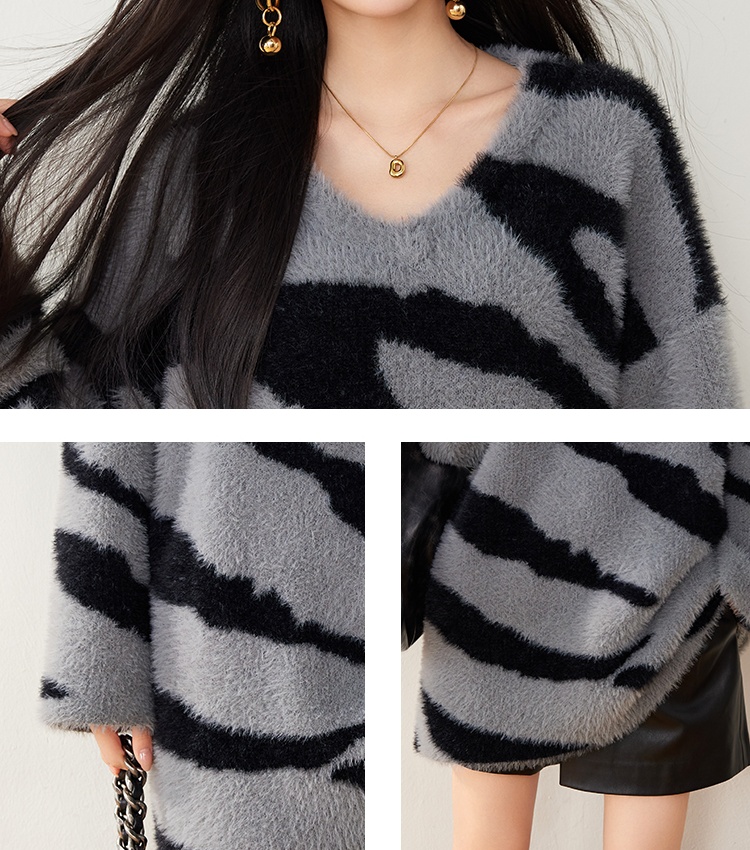 Temperament V-neck loose fluffy lazy long sleeve tops