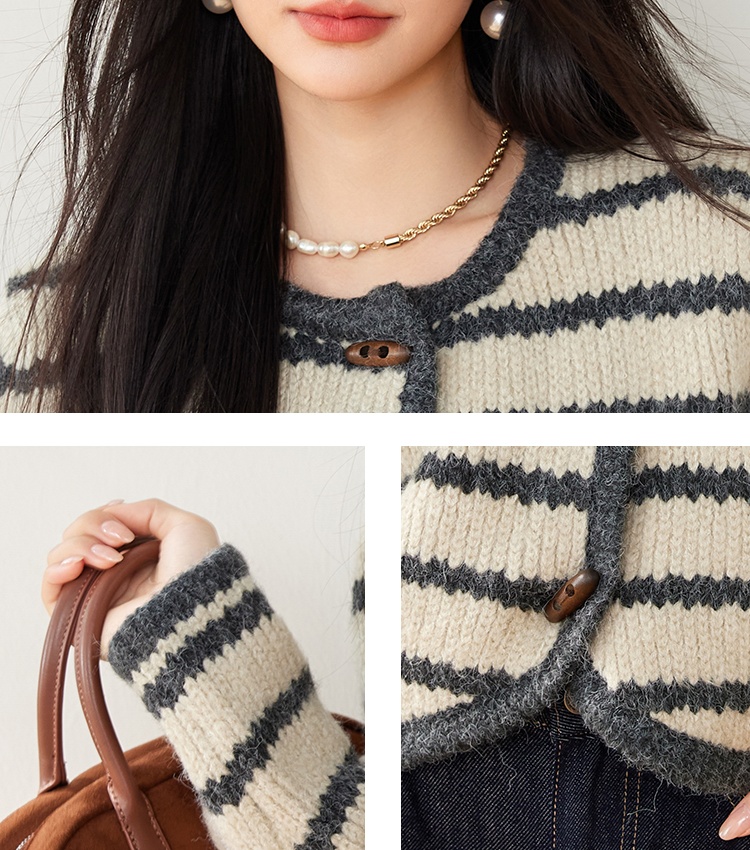 Mixed colors V-neck tops stripe knitted sweater for women