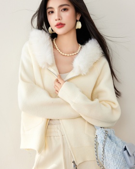 Fur collar hooded long sleeve knitted Casual coat