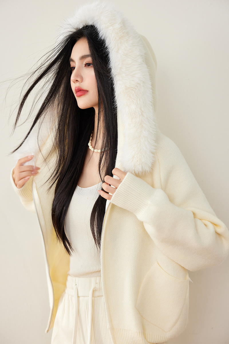 Fur collar hooded long sleeve knitted Casual coat