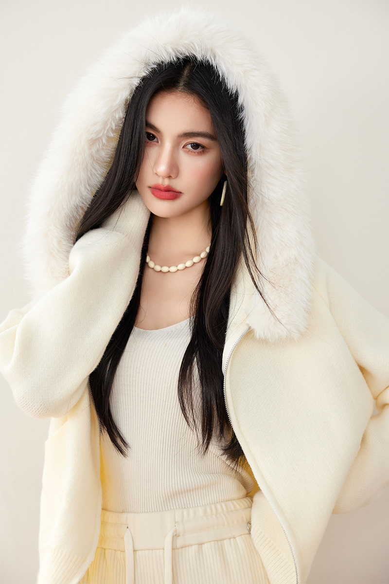 Fur collar hooded long sleeve knitted Casual coat