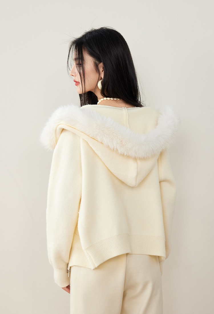 Fur collar hooded long sleeve knitted Casual coat