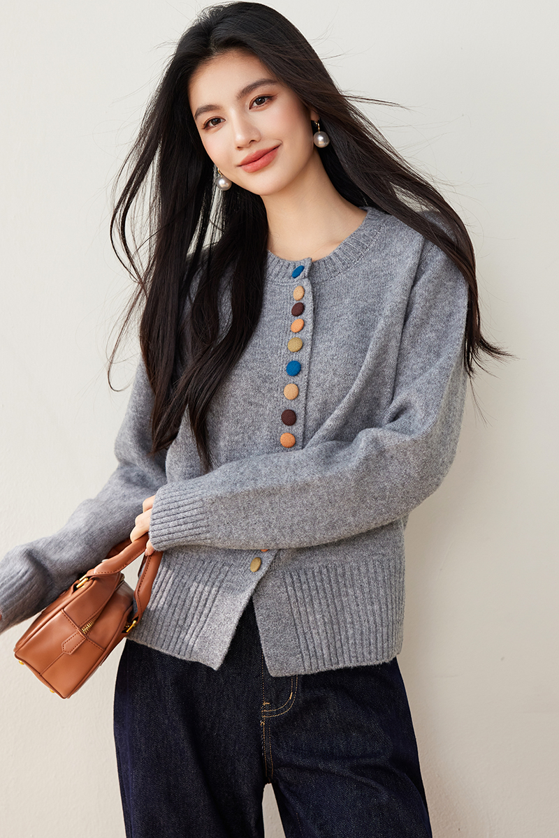 Sweet colors buckle knitted sweater loose autumn coat