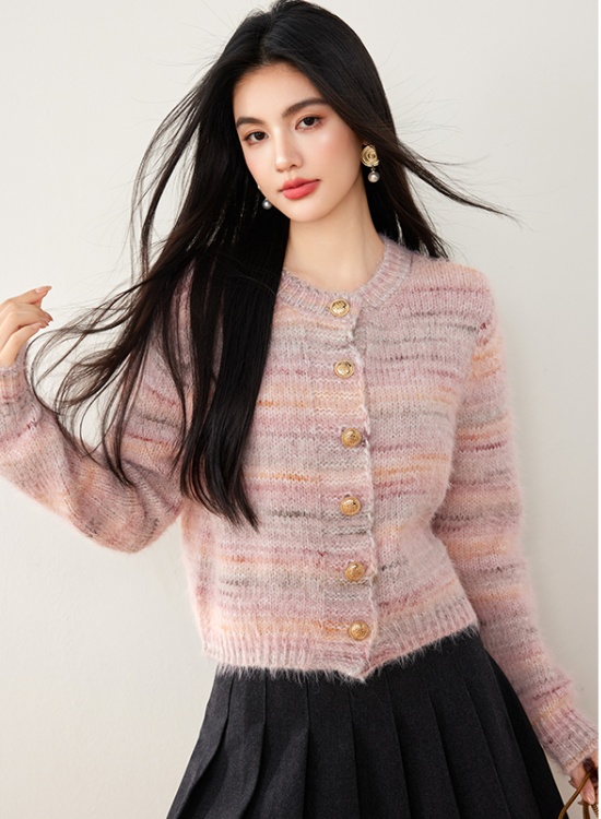 Small fellow mohair sweater knitted stripe coat for women