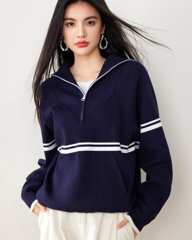 Retro knitted fashion autumn navy style all-match tops