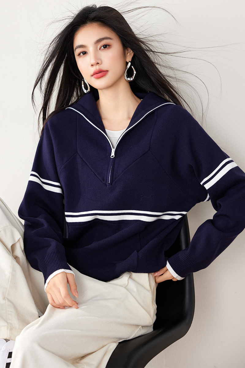 Retro knitted fashion autumn navy style all-match tops