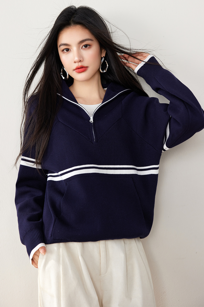 Retro knitted fashion autumn navy style all-match tops