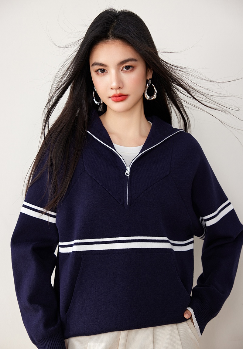 Retro knitted fashion autumn navy style all-match tops