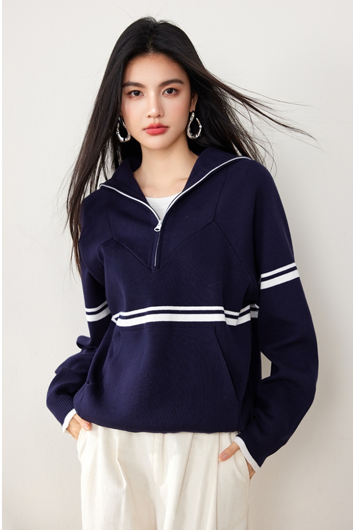 Retro knitted fashion autumn navy style all-match tops