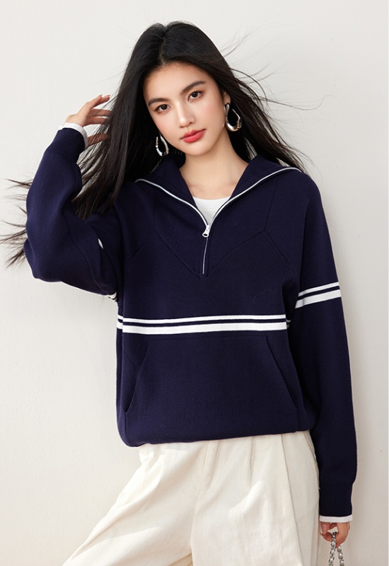 Retro knitted fashion autumn navy style all-match tops