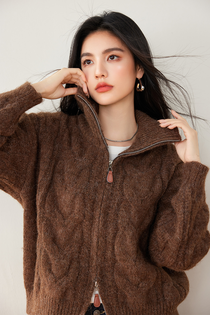 Double zip loose retro lapel sweater pure lazy knitted coat