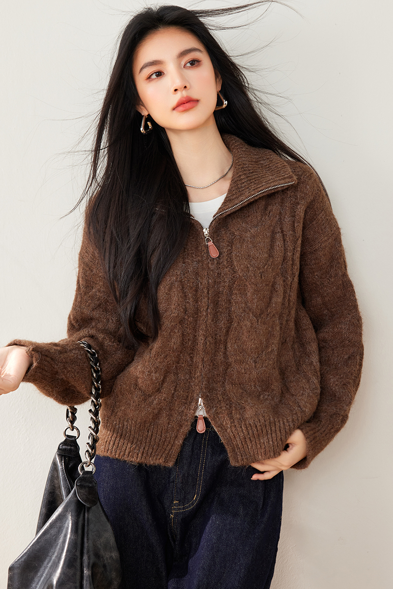 Double zip loose retro lapel sweater pure lazy knitted coat