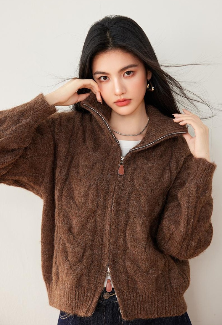 Double zip loose retro lapel sweater pure lazy knitted coat