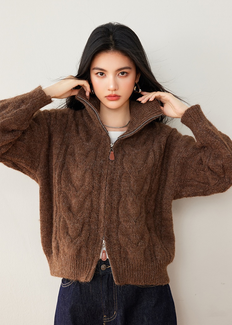 Double zip loose retro lapel sweater pure lazy knitted coat