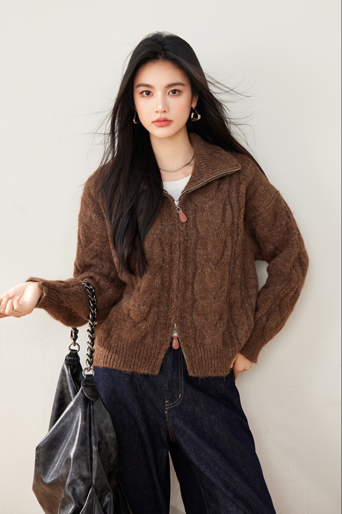 Double zip loose retro lapel sweater pure lazy knitted coat