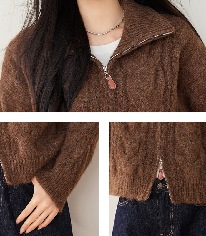 Double zip loose retro lapel sweater pure lazy knitted coat